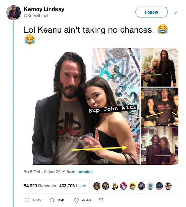 Keanu Reeves is careful with his hand placement when posing with women; photo courtesy of Instagram/@KemziLinzi