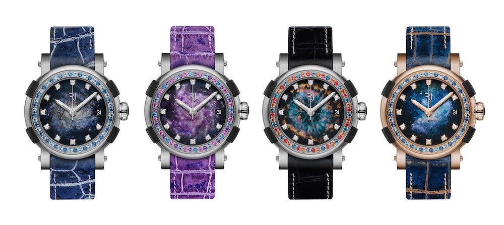 The RJ Arraw Star Twist Collection in Titanium Blue Spiral Galaxy, Titanium Purple Spiral Galaxy, Titanium Glowing Eye Nebula and Gold Blue Magellanic Cloud (picture courtesy of RJ Watches)