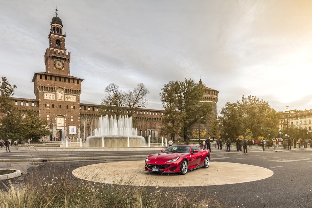 The Ferrari Portofino with the backdrop of Castello Sforzesco