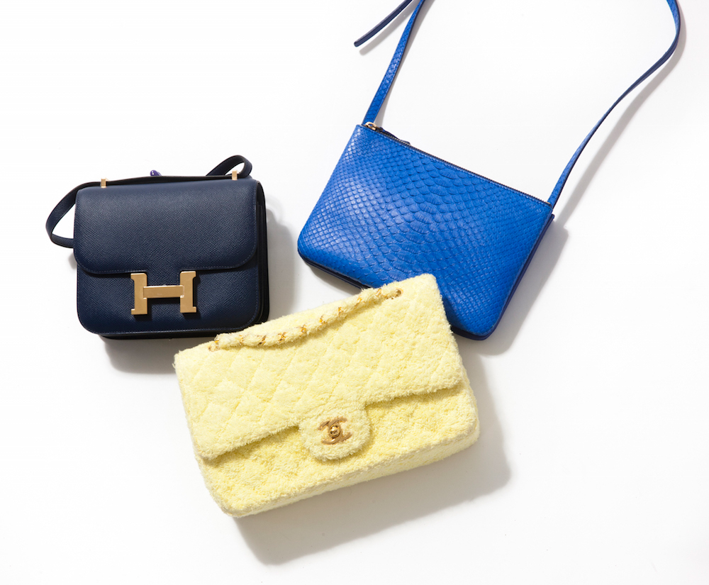 Vestiaire Collective has more than 3,200 new products listed daily, and they range from classics such as the Hermès Constance in Epsom leather (left), exotics such as the Céline Trio in electric blue python (right), or a Chanel Classic Flap in yellow terry cloth (bottom).