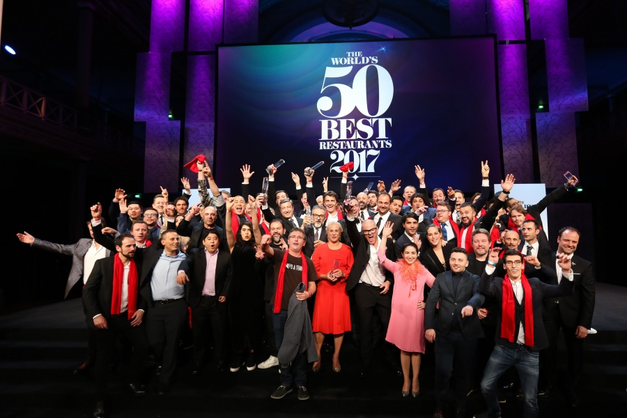 Winners celebrate at The World’s 50 Best Restaurants awards ceremony at the Royal Exhibition Building, Melbourne.