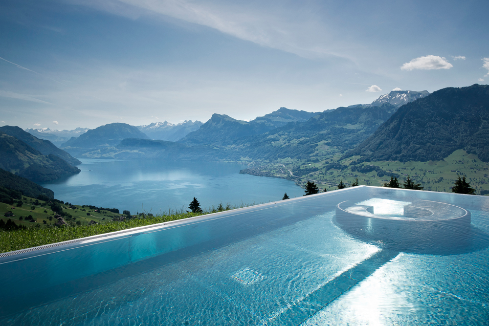Take in the views of Lake Lucerne from an edge-free swimming pool