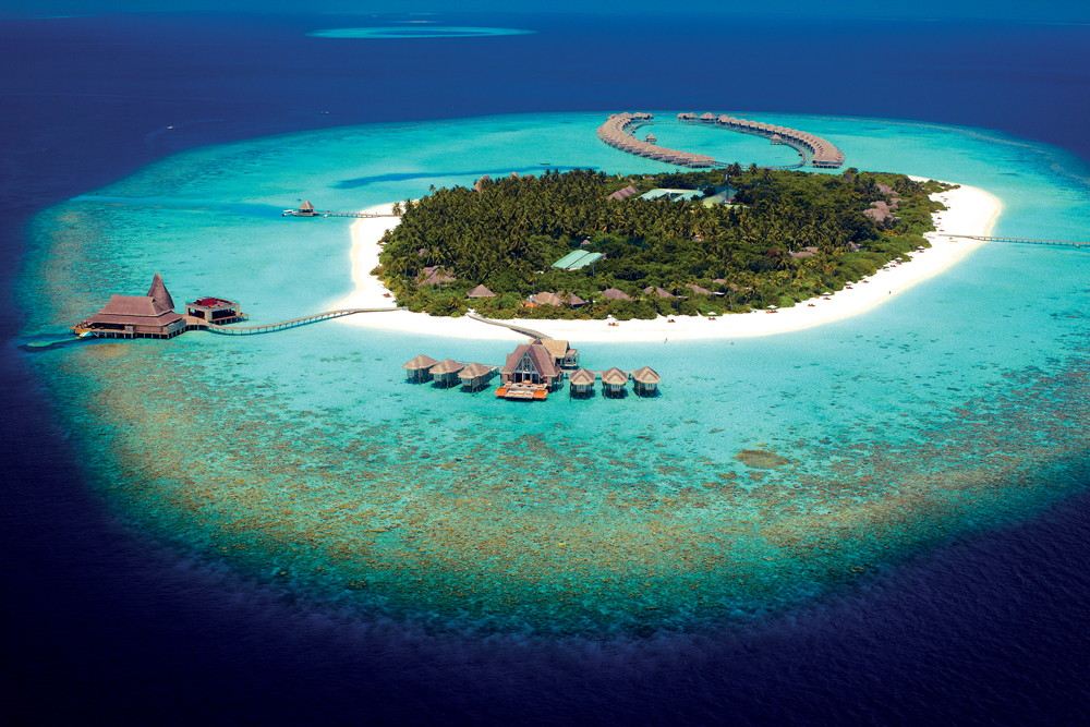 An aerial view of Anantara Kihavah in the Maldives