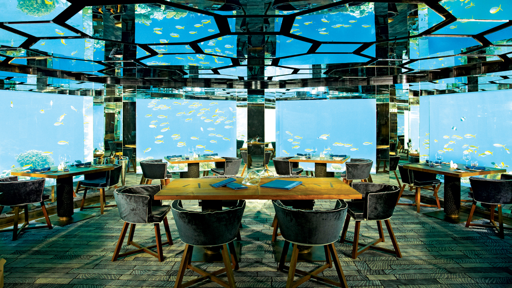 The underwater sea restaurant at Anantara Kihavah in the Maldives
