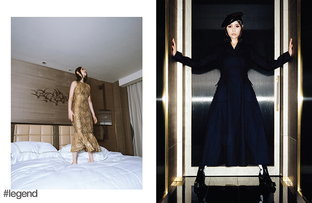 LEFT: Dress by Michael Kors Collection; RIGHT: Hat and coat by Dior, boots by Louis Vuitton
