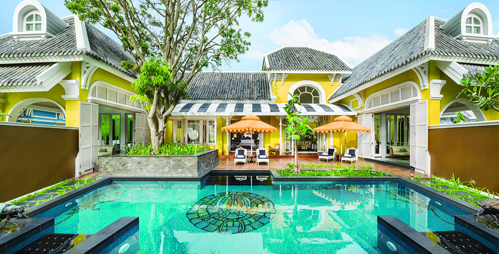 The stunning and intricate villa exterior and swimming pool.