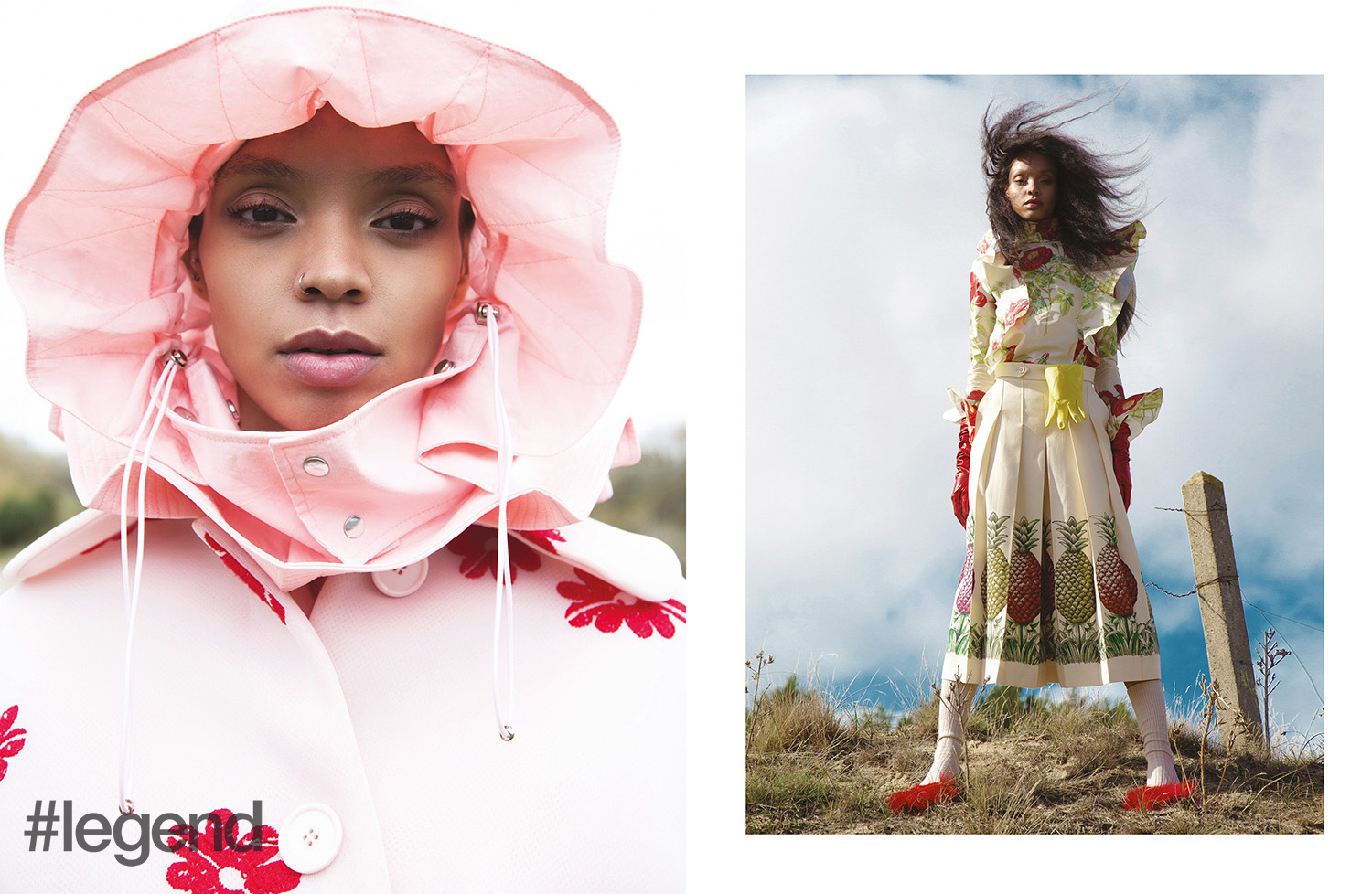 LEFT: Hat _ Angel Chen | Coat _ Simone Rocha; RIGHT: Top and skirt _ Gucci | Gloves, socks and shoes _ Stylist’s own