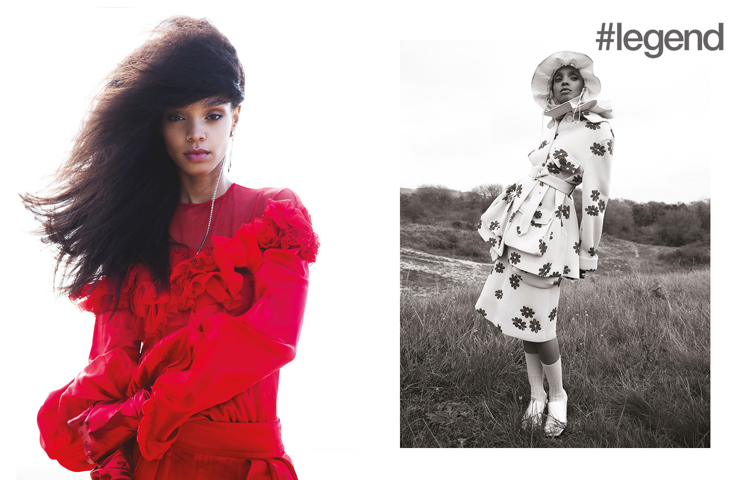 LEFT: Outfit _ Givenchy | Earring _ Mo&Co; RIGHT: Coat and skirt _ Simone Rocha | Hat and shoes _ Angel Chen | Socks _ Stylist’s own