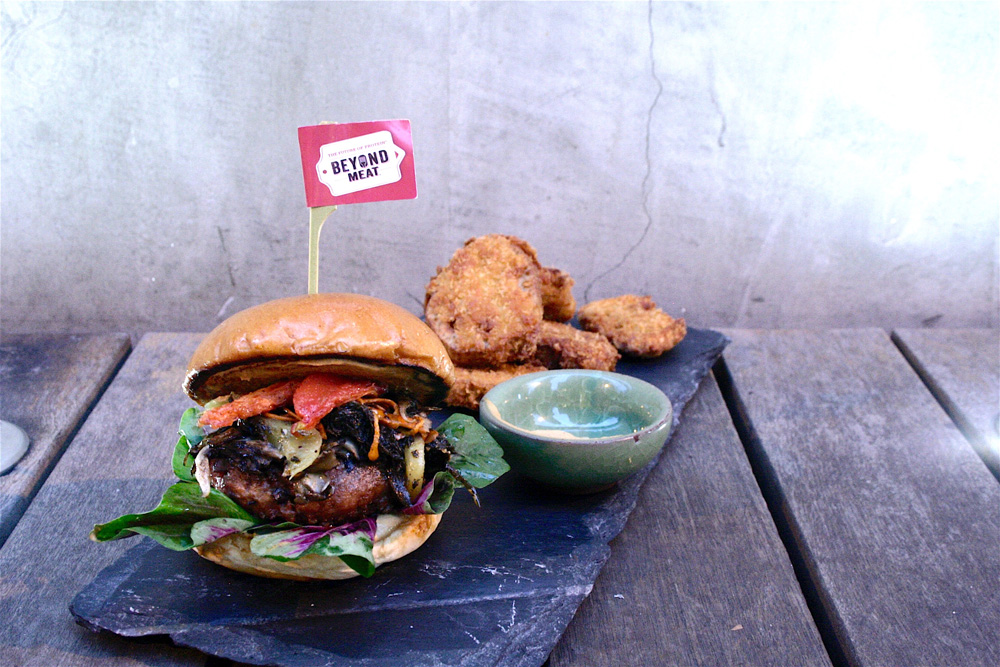 The lotus root chips and vegan 'Beyond Burger' at Grassroots Pantry