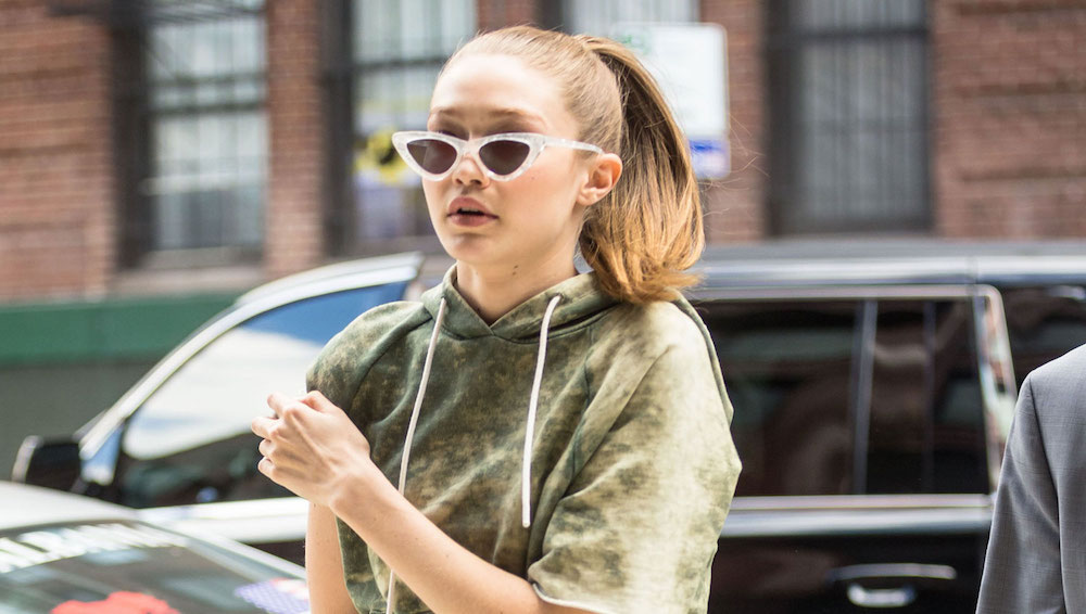 Gigi Hadid wearing cat-eye sunglasses. 