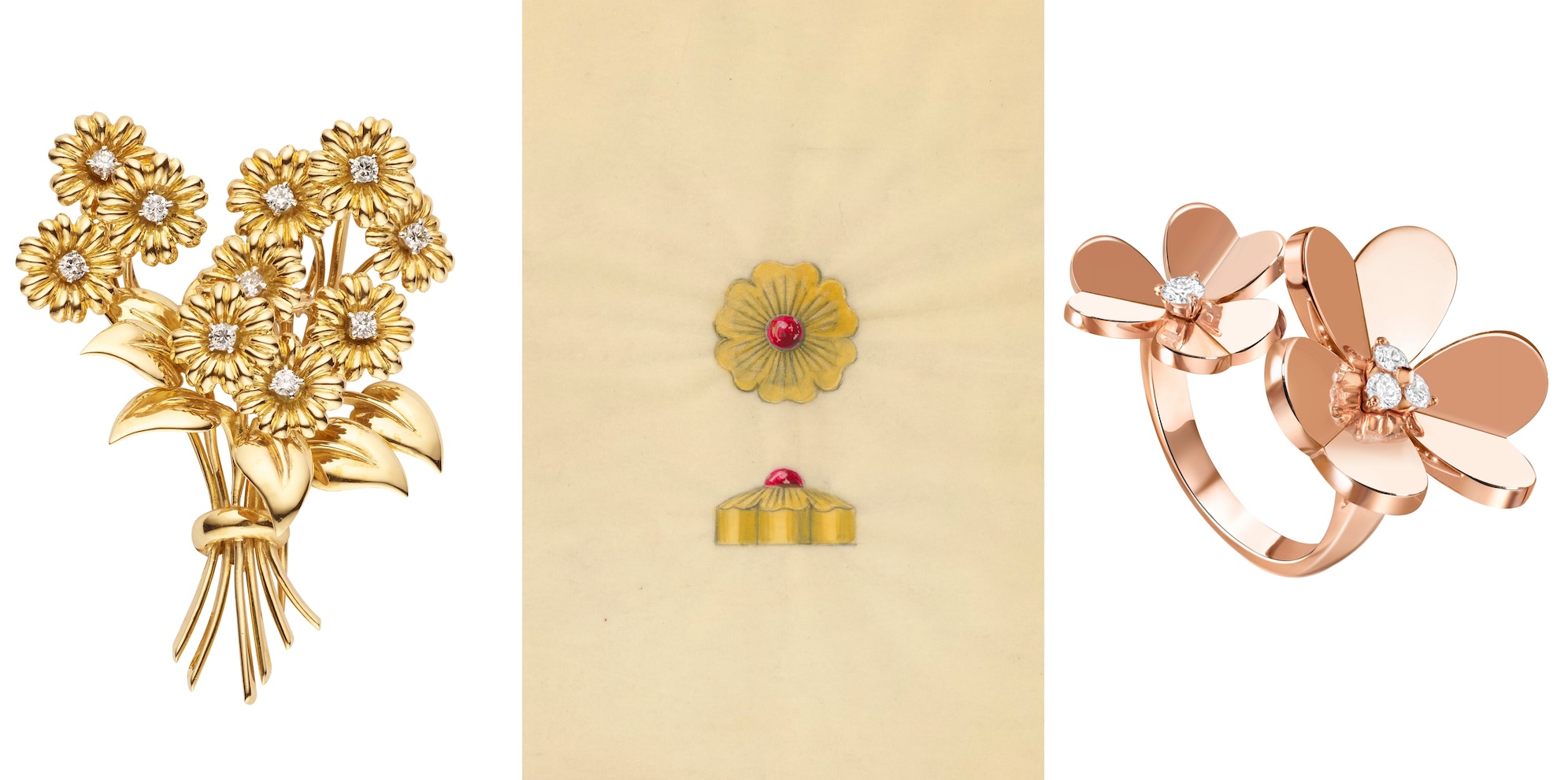 จากซ้ายไปขวาเข็มกลัดดอกเดซี่ตัวเรือนทองคำสีเหลืองประดับเพชรปี ค.ศ. 1953, ภาพวาดตลับทรงดอกไม้สร้างสรรค์ในปีค.ศ. 1960 และแหวนระหว่างนิ้วตัวเรือนทองคำสีกุหลาบประดับเพชร จาก Van Cleef & Arpels