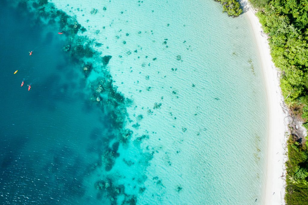 aerial_five_sea_kayakers_in_coral_reef_lagoon_towards_beach-min