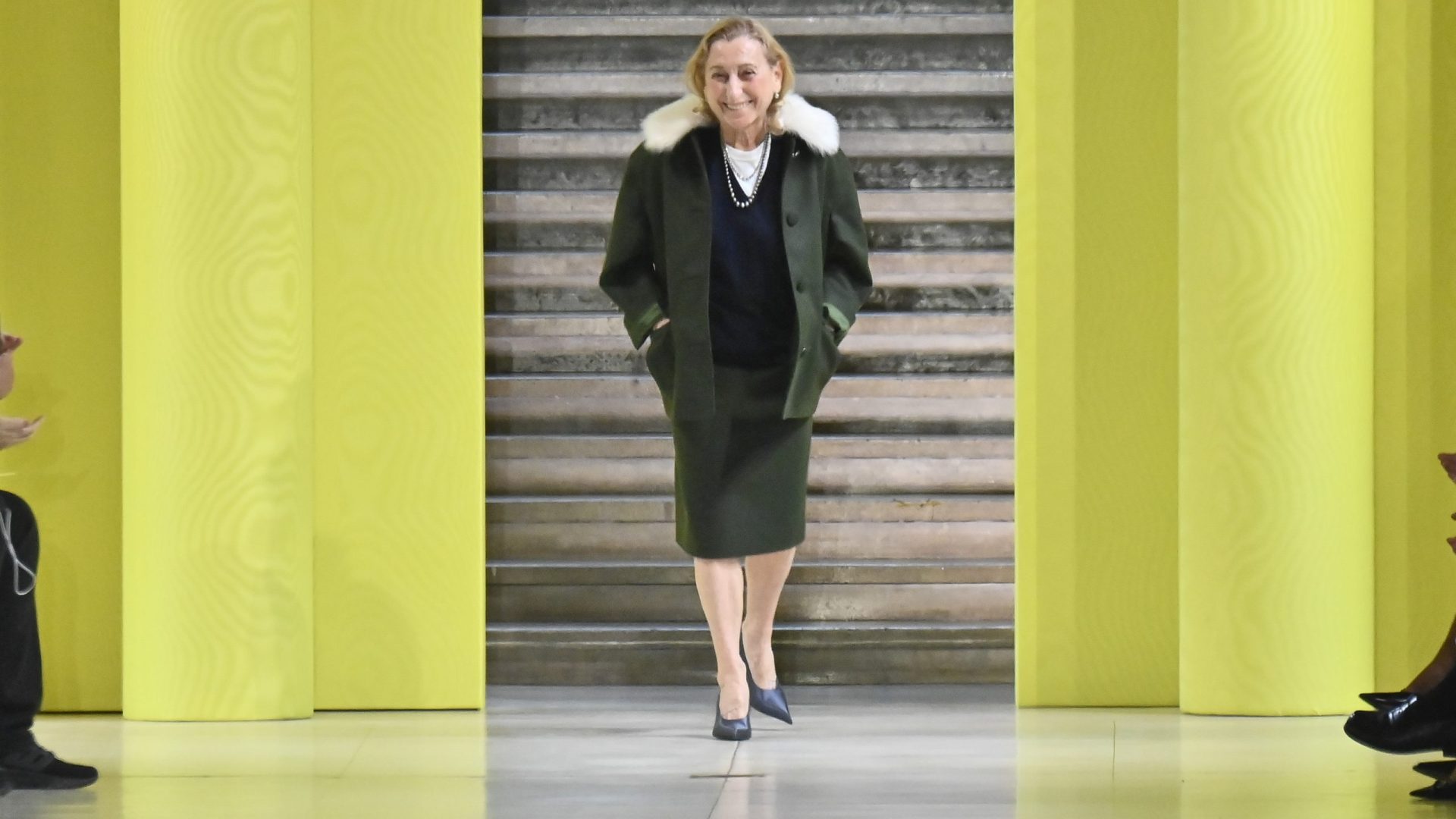 PARIS, FRANCE - MARCH 11: Fashion designer Miuccia Prada walks the runway during the Miu Miu Ready to Wear Fall/Winter 2025-2026 fashion show as part of the Paris Fashion Week on March 11, 2025 in Paris, France. (Photo by Victor VIRGILE/Gamma-Rapho via Getty Images)