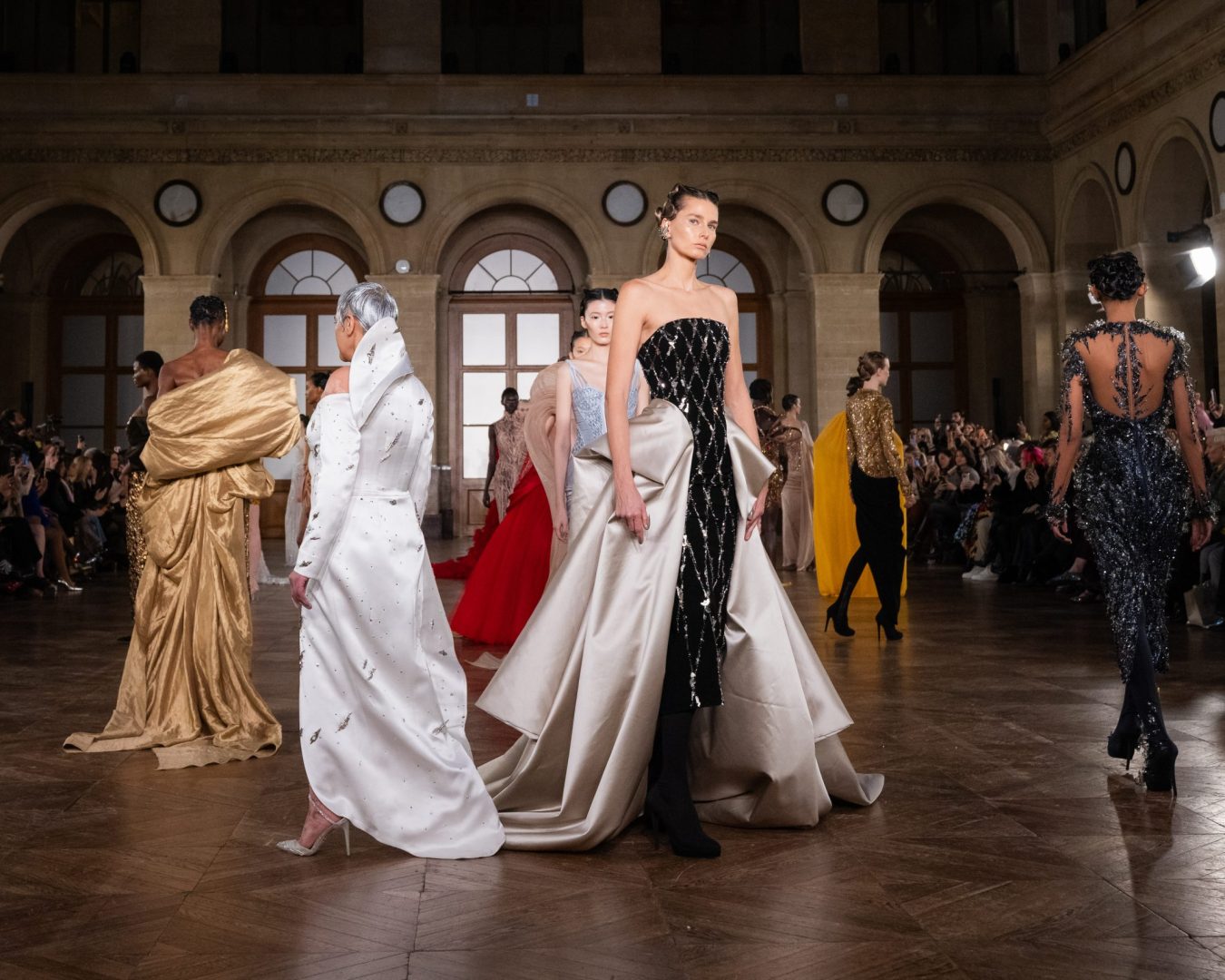 PARIS, FRANCE - JANUARY 27: (EDITORIAL USE ONLY - For Non-Editorial use please seek approval from Fashion House) Models walk the runway during the Gaurav Gupta Haute Couture Week Spring/Summer 2026 show at Palais Brongnart as part of Paris Fashion Week on January 27, 2026 in Paris, France. (Photo by Richard Bord/Getty Images)