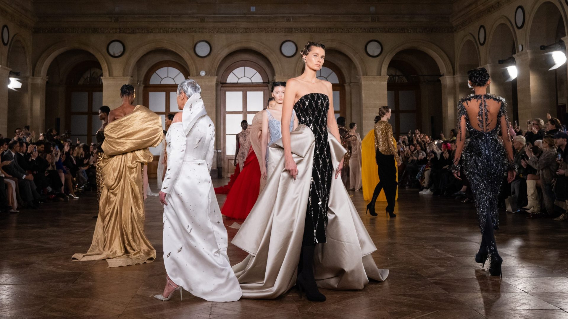 PARIS, FRANCE - JANUARY 27: (EDITORIAL USE ONLY - For Non-Editorial use please seek approval from Fashion House) Models walk the runway during the Gaurav Gupta Haute Couture Week Spring/Summer 2026 show at Palais Brongnart as part of Paris Fashion Week on January 27, 2026 in Paris, France. (Photo by Richard Bord/Getty Images)