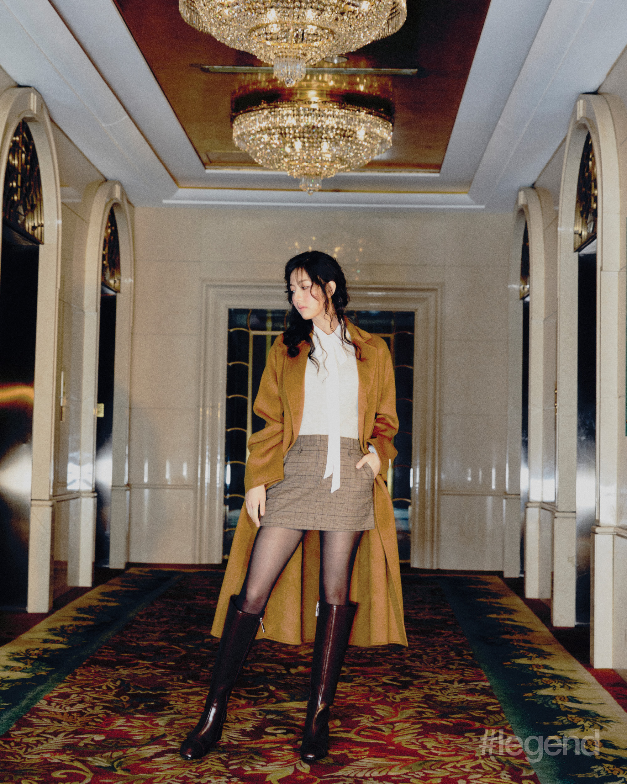 Brown wool midi coat, white shirt, beige mini skirt and burgundy boots _ MAX&Co. (Stylist’s own tights)