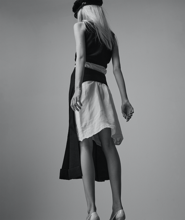 Feather hat, coat, rollneck jumper, skirt, underskirt and flats _ Prada