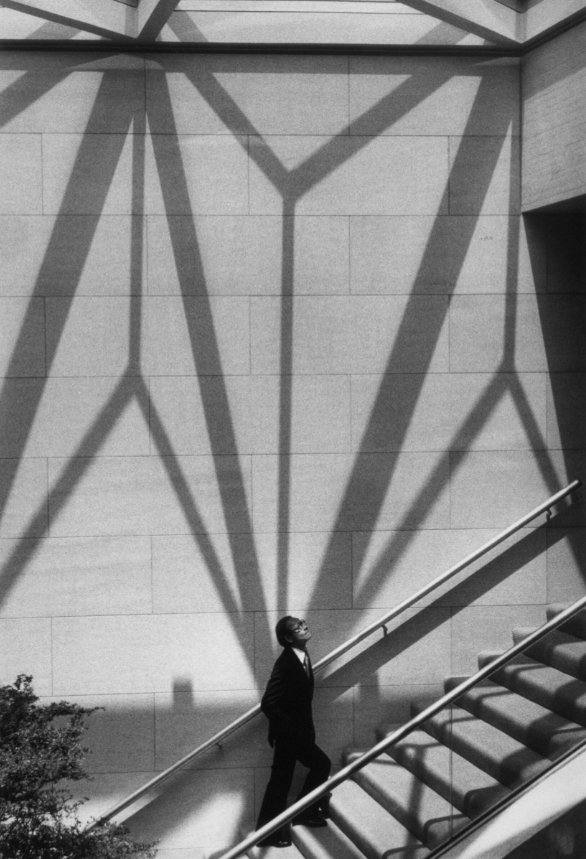 I. M. Pei walking up the stairs of the National Gallery of Art East Building in 1978.