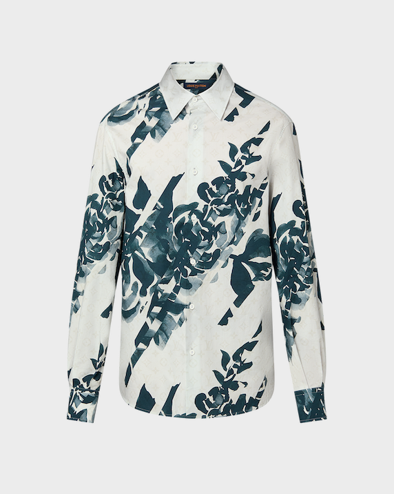 Black sequin mesh shirt _ Bode; Blue straight-leg jeans _ McQueen from Mr Porter; Black loafers _ Christian Louboutin; White floral printed shirt _ Louis Vuitton