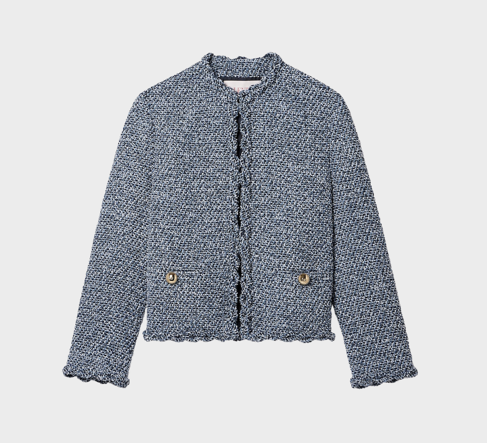 White cotton poplin shirt _ Saint Laurent; Blue ruffled tweed jacket _ Valentino Garavani from Net-A-Porter; Blue asymmetric straight-leg jeans _ Loewe; Light blue FF velvet pouch _ Fendi; White leather ballet flats _ Chloé
