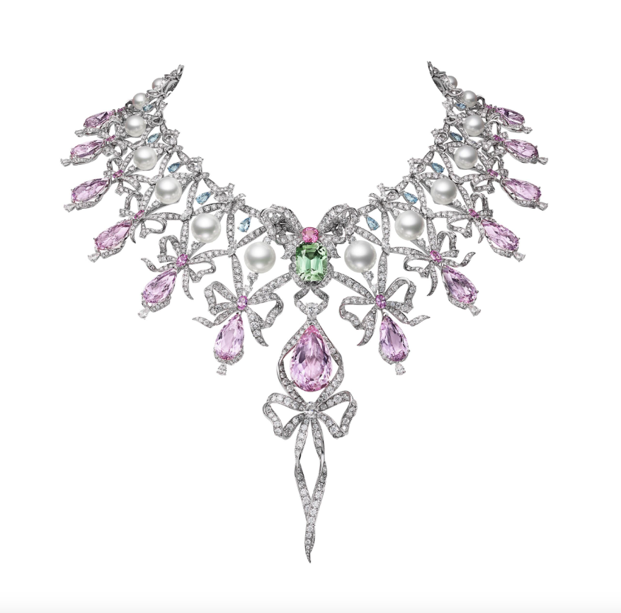 18K White Gold Necklace with Akoya cultured pearls, White South Sea cultured pearl, Morganites, Tourmalines, Spinels, Blue Sapphires, Aquamarines and Diamonds