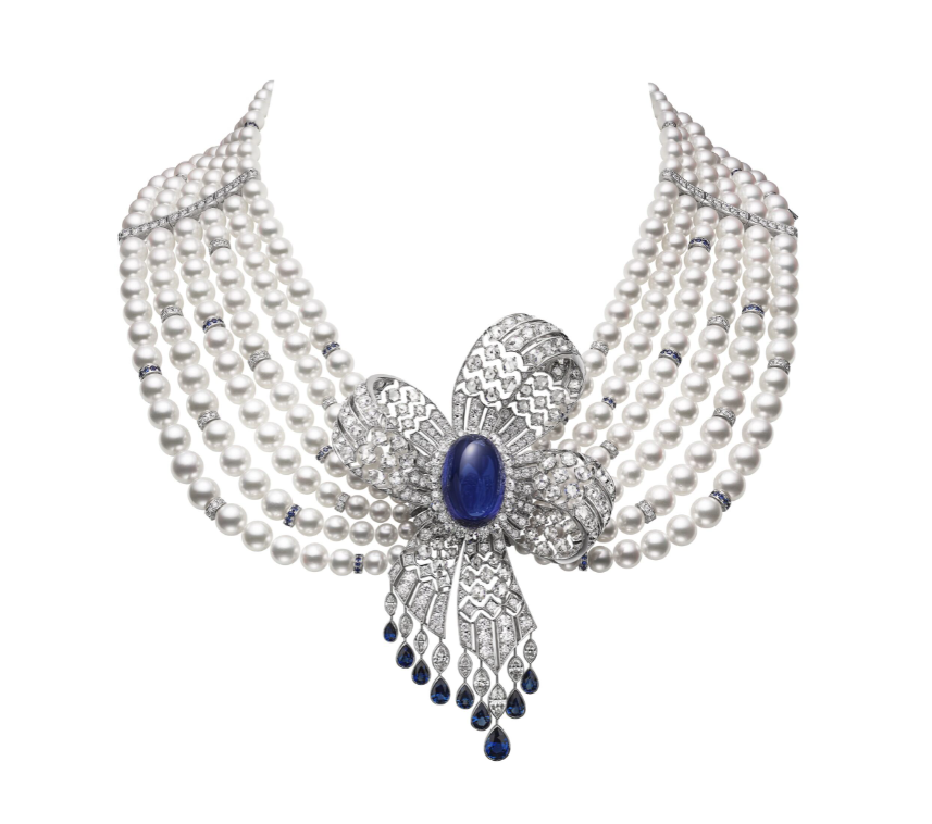 18K White Gold Necklace with Akoya cultured pearls, Tanzanites, Blue Sapphires and Diamonds (The bow can be worn separately as a brooch)