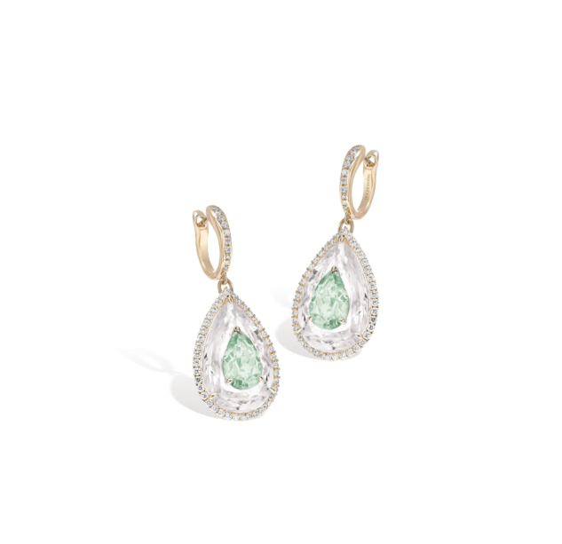 The auctioned pieces included, from left to right (top): Merveilles Rose Icicle Diamond and Pink Sapphire Small Pendant, Merveilles Icicle Sapphire Medium Earrings and Inlay Shine Light Green Tourmaline and Rock Crystal Ring and Earrings.