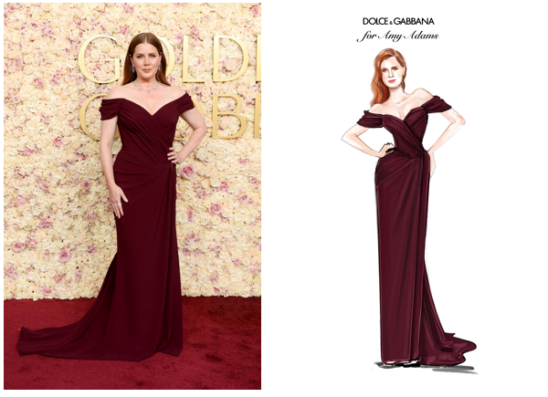 Amy Adams, nominated for the “Best Performance By A Female Actor In A Motion Picture – Musical Or Comedy” in Dolce & Gabbana cady off-the-shoulder neckline with a fitted, ruched bodice and a draped asymmetrical skirt. Photo: Dolce & Gabbana