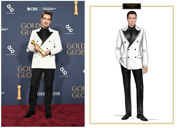 Colin Farrell, winner of the “Best Performance By A Male Actor In A Limited Series, Anthology Series, Or A Motion Picture Made For Television ”award in Dolce & Gabbana Made-To-Measure double-breasted Sicilia-fit jacket in white wool gabardine with black satin tuxedo details, paired with black trousers and white smoking shirt with guilloche jeweled buttons. He accessorized his look with a pair of patent leather derbies and a silk satin bow tie. Photo: Dolce & Gabbana