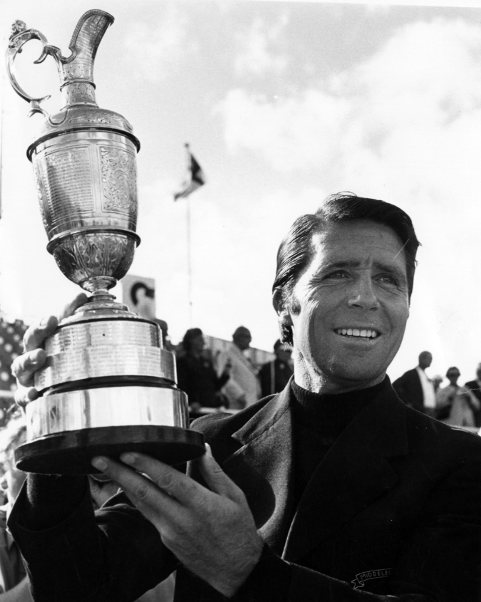 Player lifts the Claret Jug after winning the 1959 Hong Kong Open.