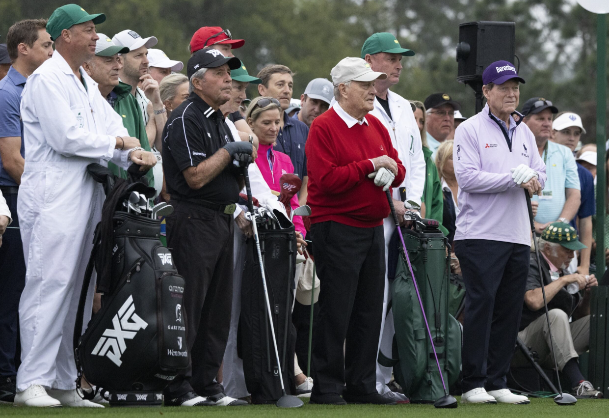 Player, Nicklaus and Watson during the honorary starters ceremony at the 2023 Masters.