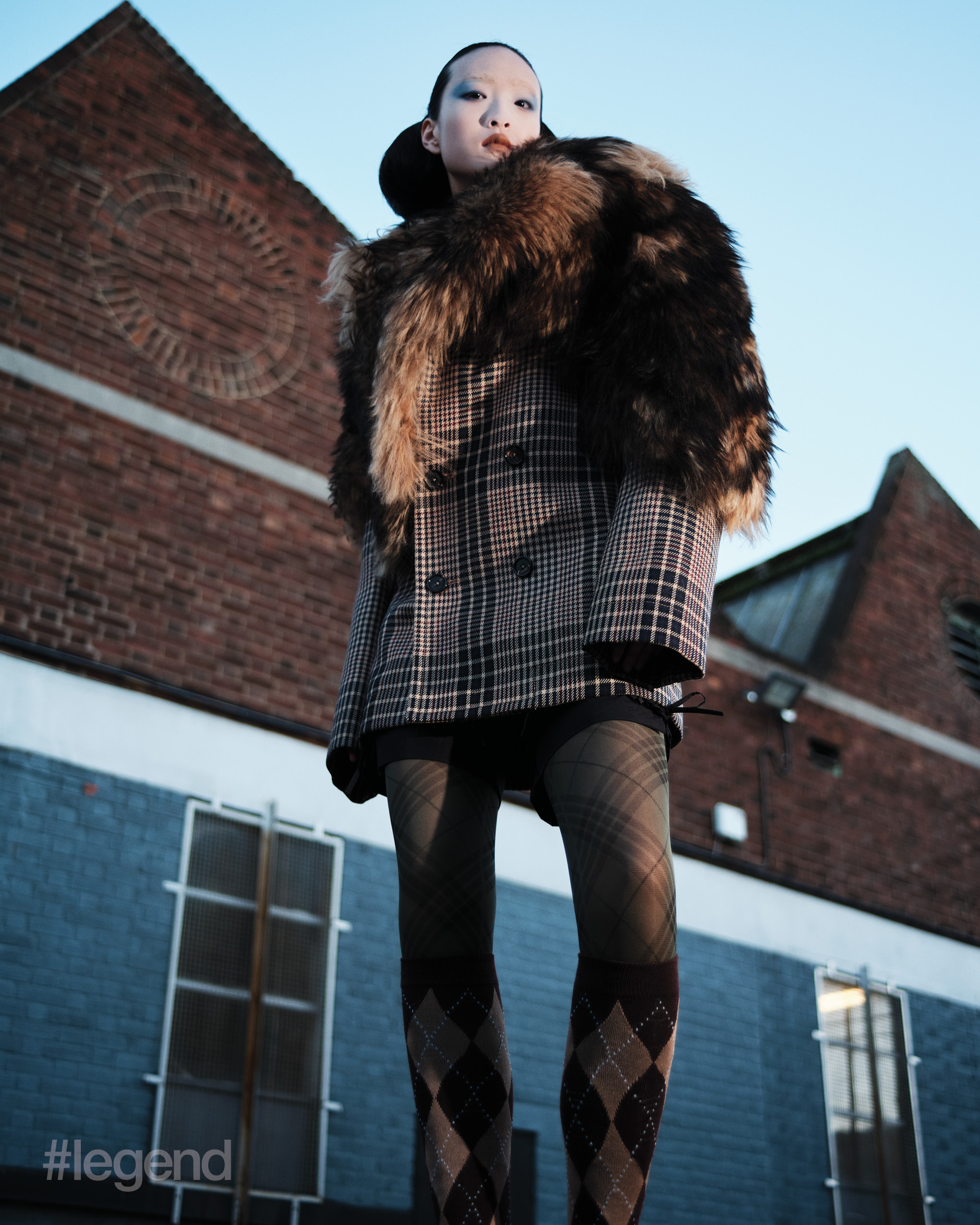 Brown shearling stole peacoat _ McQueen; Black shorts _ Hisu Park