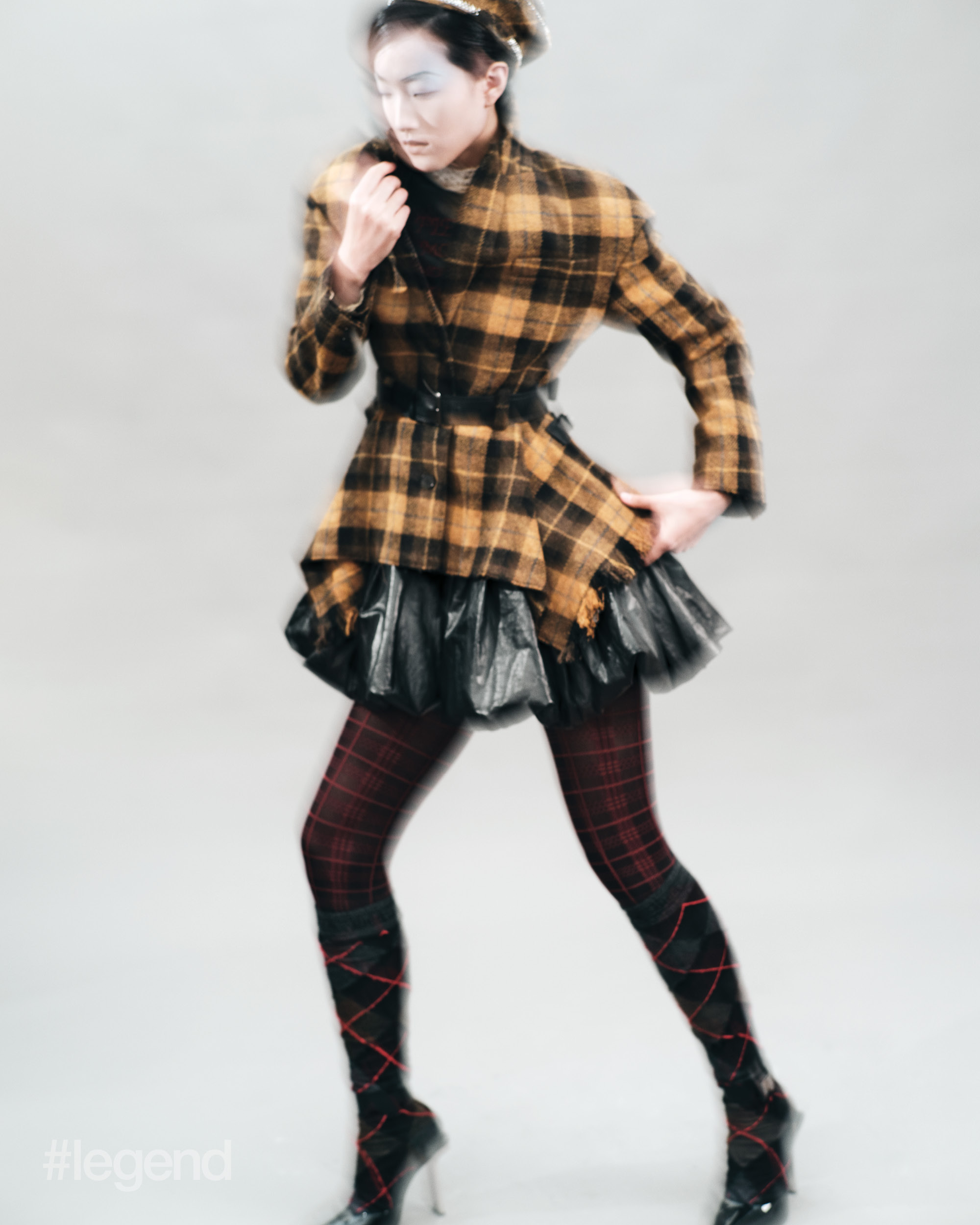 Yellow chequered jacket and cap, black dress and knee-high tights _ Dior; Black heels _ Versace
