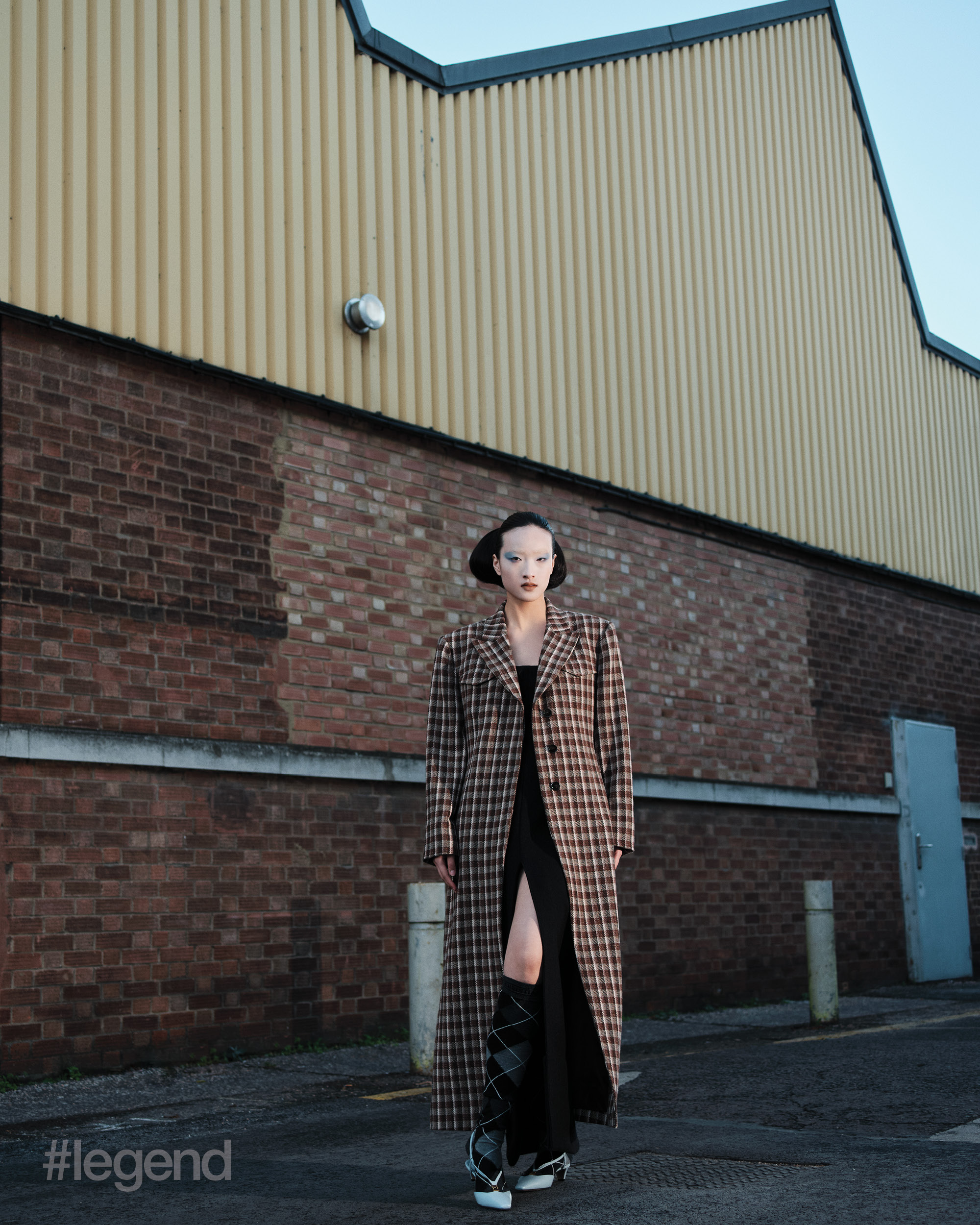 Brown chequered coat _ Acne Studios; Black dress _ Gucci; White heels _ Fendi