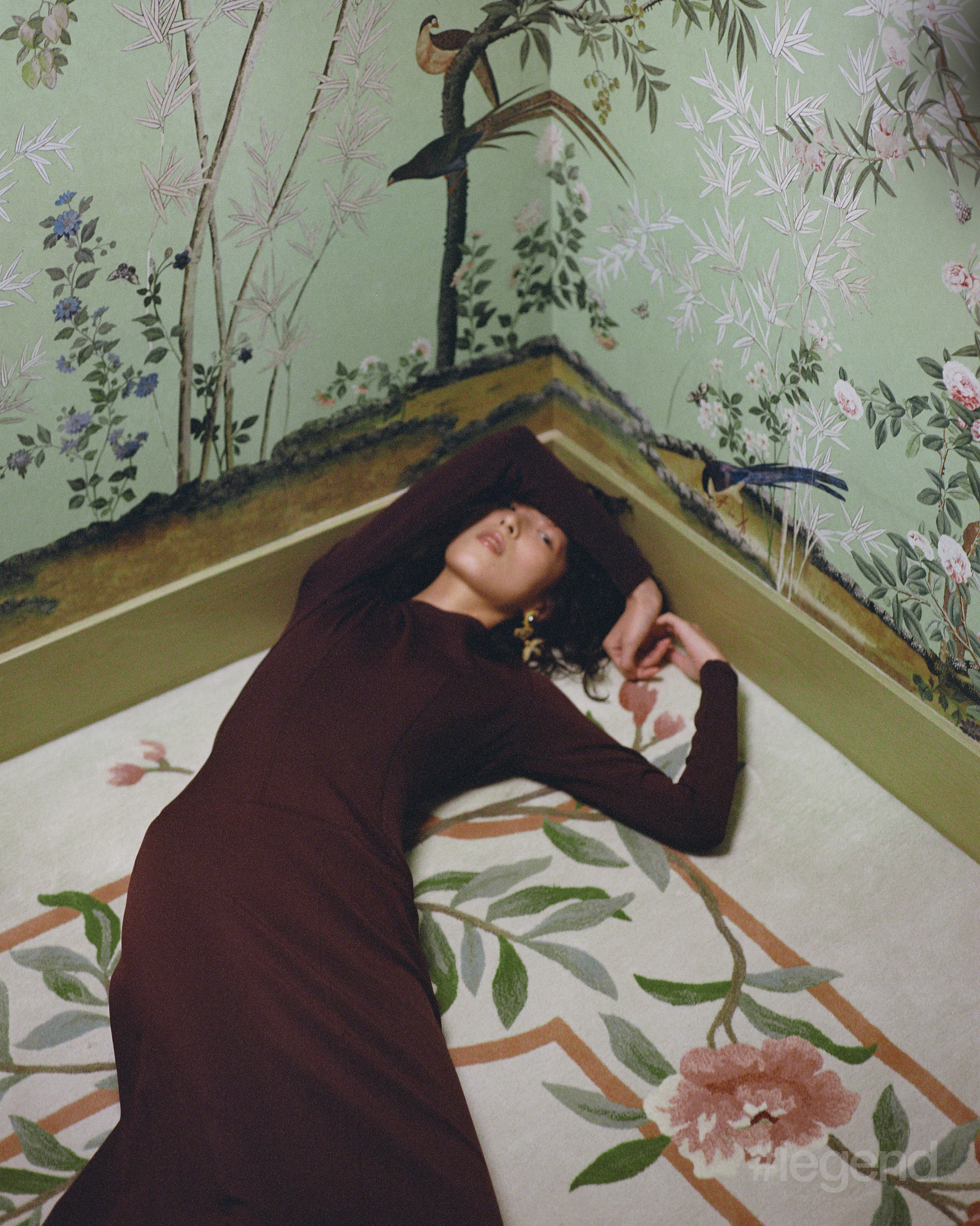 Burgundy long-sleeve top and maxi skirt _ Vintage Alaïa from OnceStyle; Earrings _ Christian Lacroix from OnceStyle