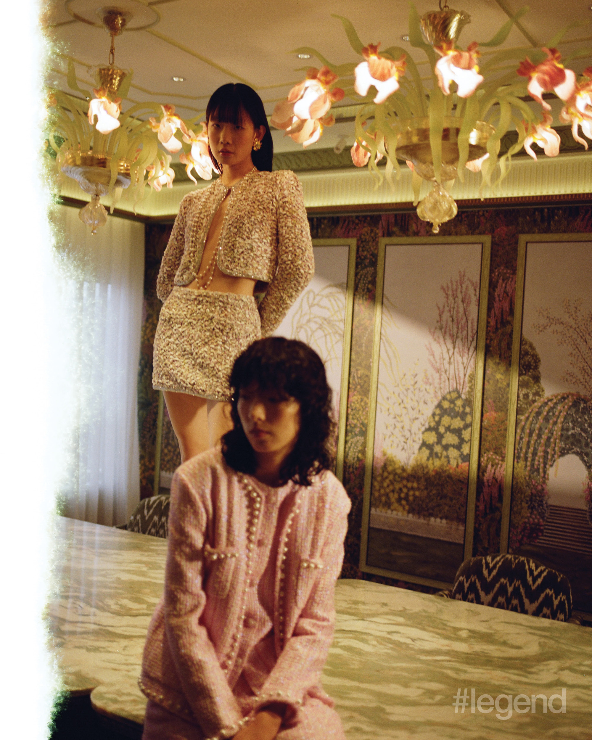 On Cleo (left): Beige jacket and skirt, white heels and pearl necklace _ Chanel; Gold earrings _ Vintage Escada from OnceStyle On Lu (right): Pink tweed jacket, top and skirt _ Chanel
