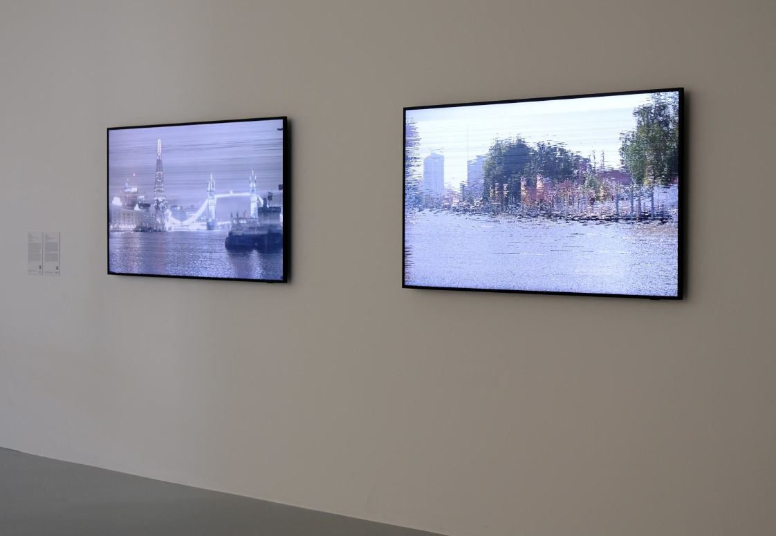 Installation views of Susan Collins’s video works LAND