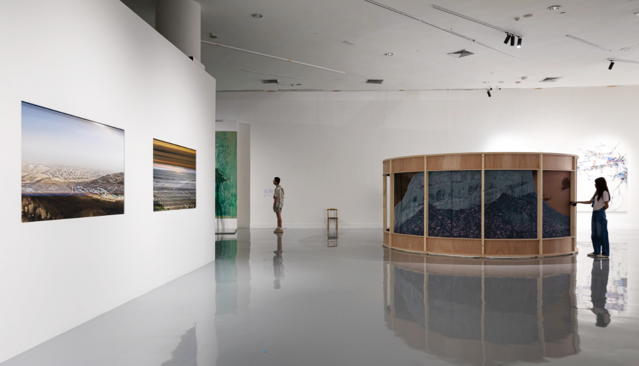 Installation view of Susan Collins's work (left) and George Bolster's (right) at BACC