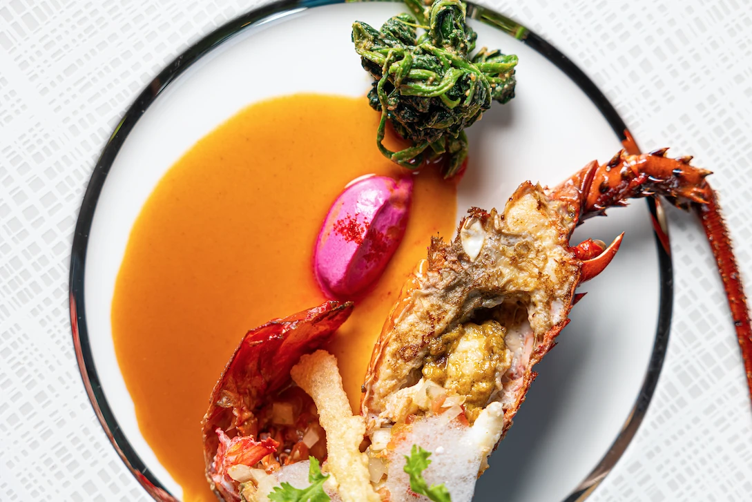Grilled Ise Ebi Japanese Lobster, Bisque Sauce, Pumpkin and Yuzu.