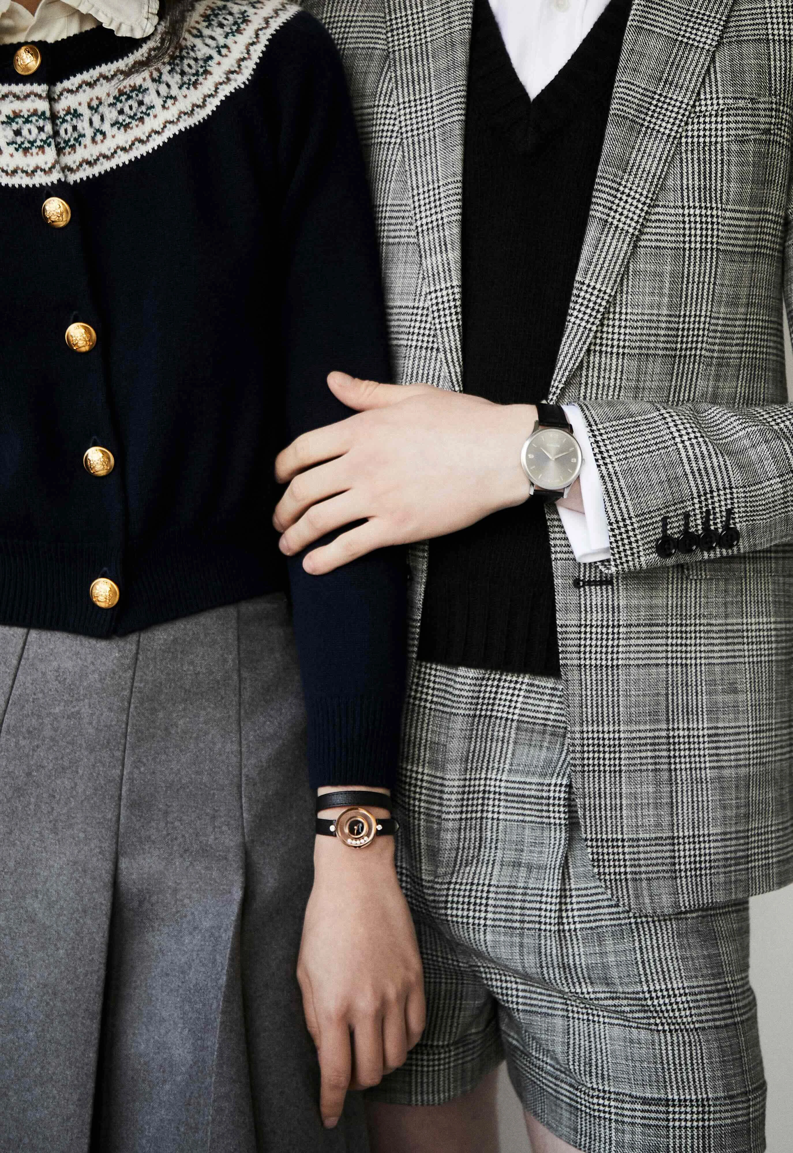 On Yuyu, Happy Diamonds Icons watch in 18k rose gold with diamonds _ Chopard, Black cardigan and grey skirt _ Celine; On Mason, L.U.C 6 Swiss watch _ Chopard, Prince of Wales wool blazer and shorts, white shirt and black sweater _ Celine