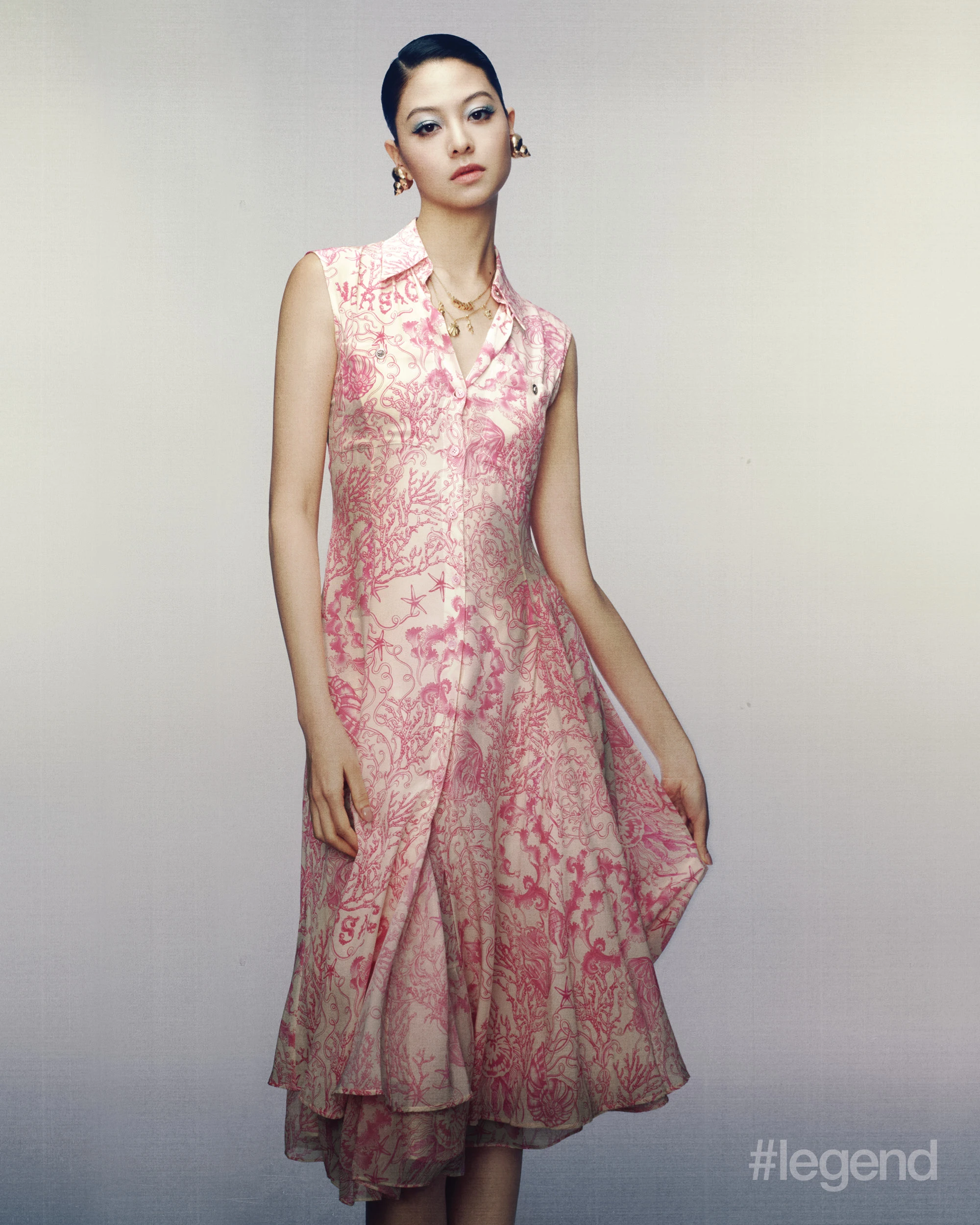 Crêpe de Chine Underwater Barocco Midi Shirt Dress; Versace Earring _ Versace