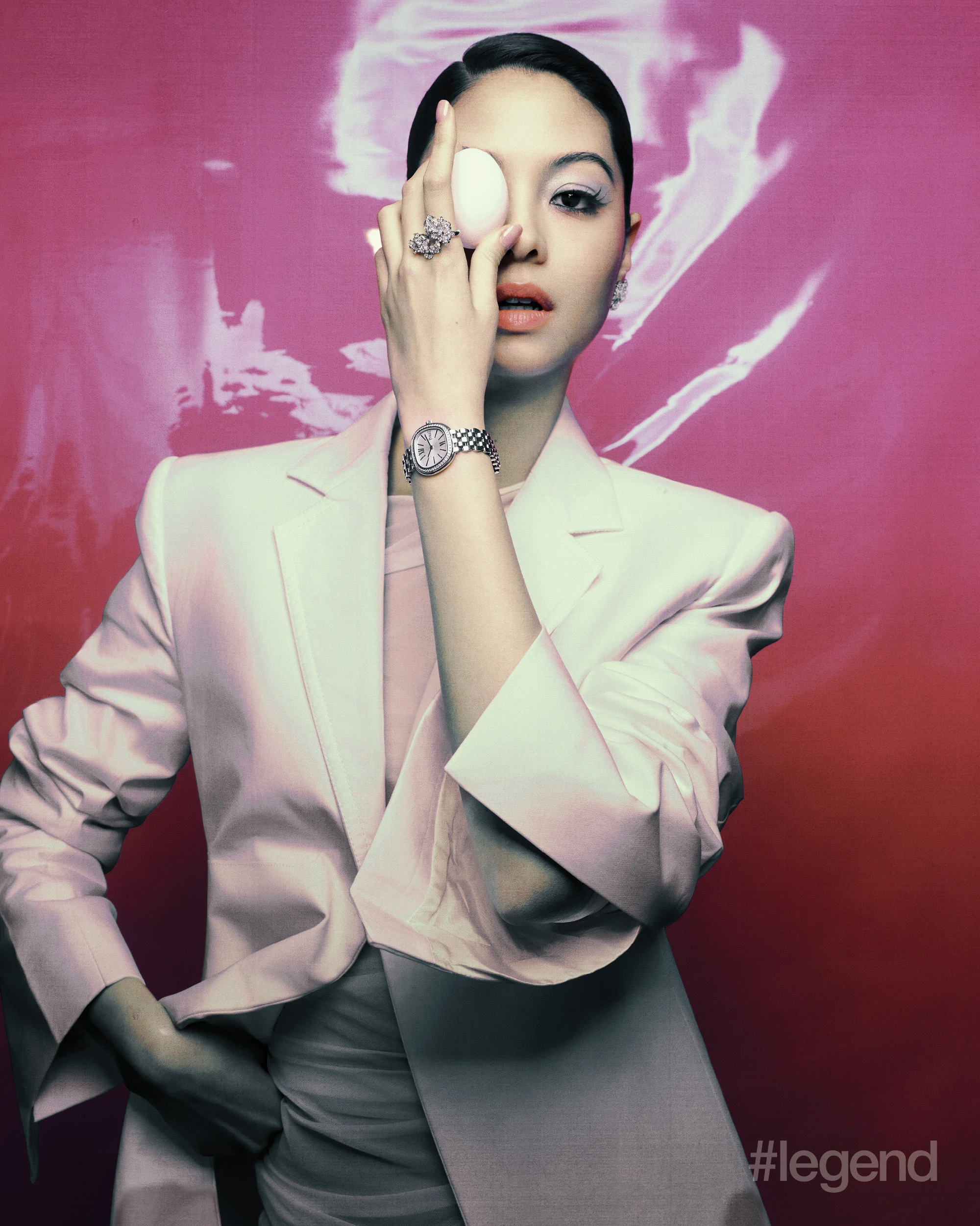 Sixtie Watch (29mm) Trapeze-shaped case in steel set with 51 brilliant-cut diamond; Rose earring in Rhodium finish, 18k white gold set with 274 brilliant cut diamonds; Rose ring in rhodium finish 18K white gold set with 151 brilliant-cut diamonds _ Piaget. White Blazer, Top, Panties, Heels _ SportMax 