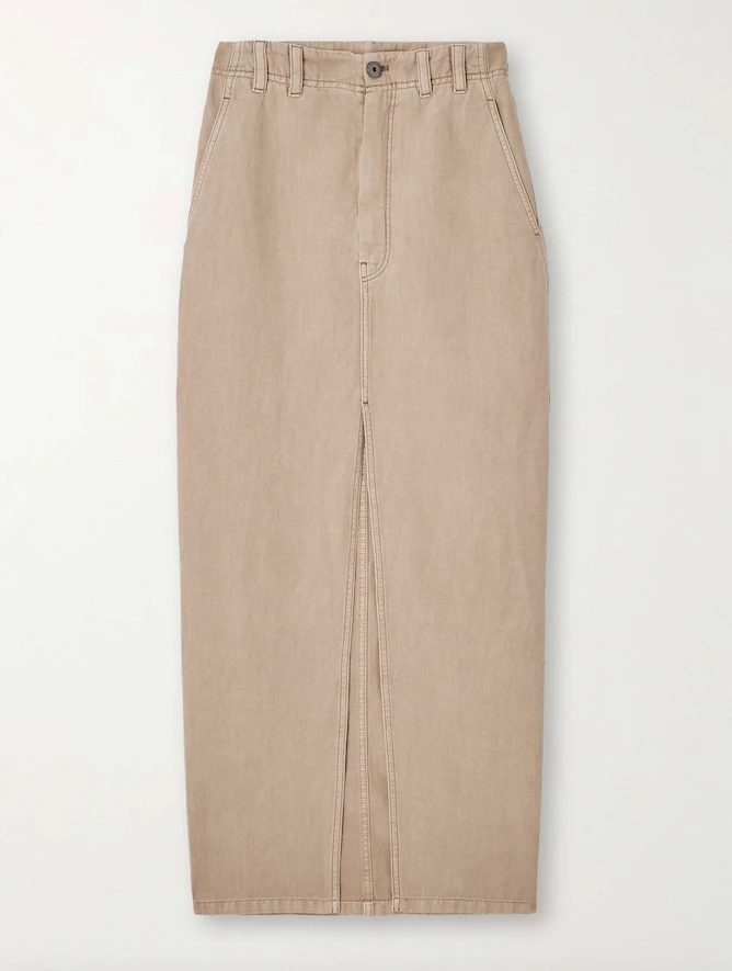 Beige chequered leather shirt _ Bottega Veneta; White ribbed tank _ Rag & Bone from Net-A-Porter; Blue Fendigraphy leather bag _ Fendi from Farfetch; Beige denim midi skirt _ Brunello Cucinelli; Ivory leather loafers _ Gucci