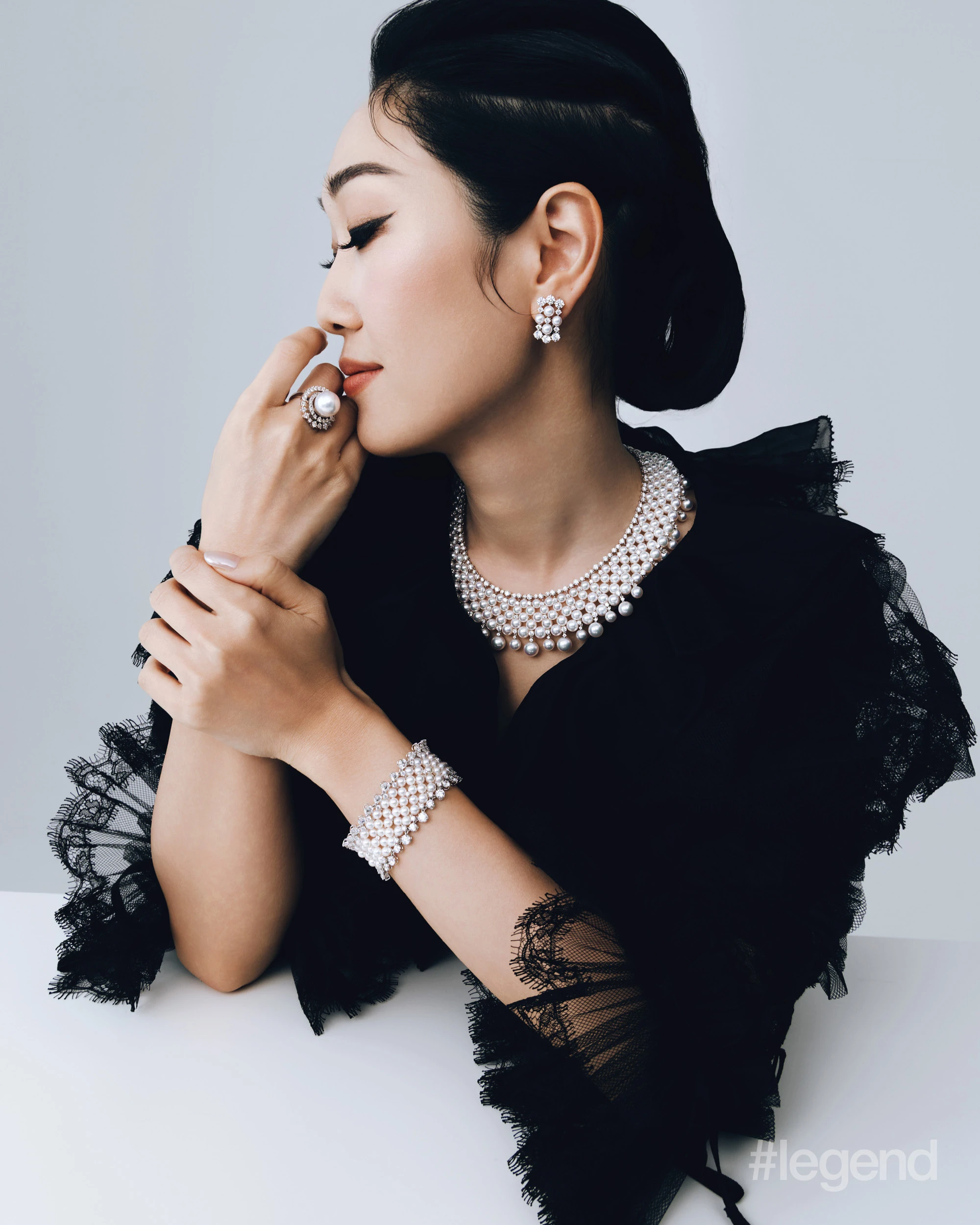 High Jewellery Collection necklace, earrings and bracelet in 18K white gold with Akoya cultured pearls and diamonds, and ring in platinum with white South Sea cultured pearl and diamonds _ Mikimoto