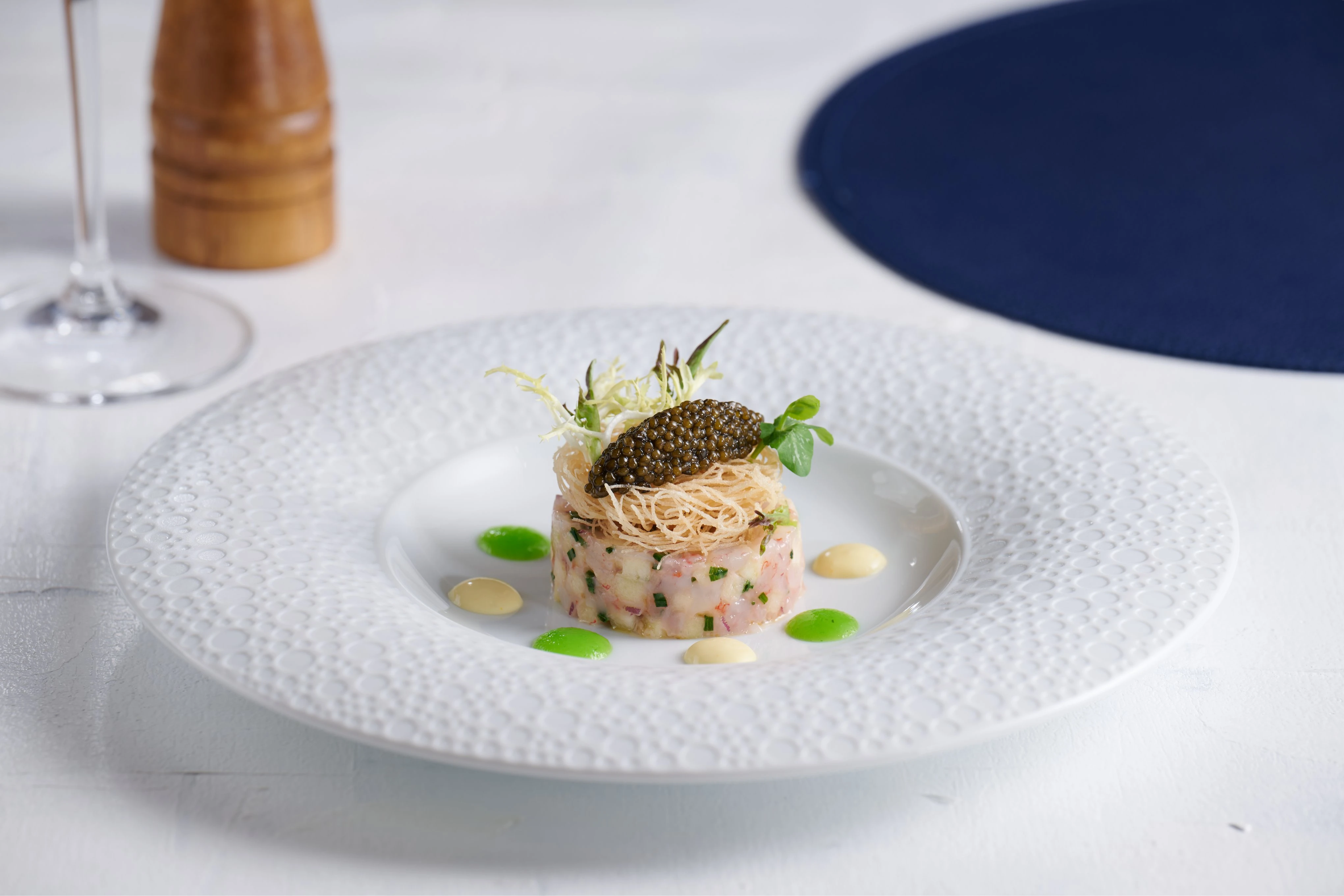 Sicily Red Prawn Tartare with Green Apple, Caviar and Kadaifi Pastry