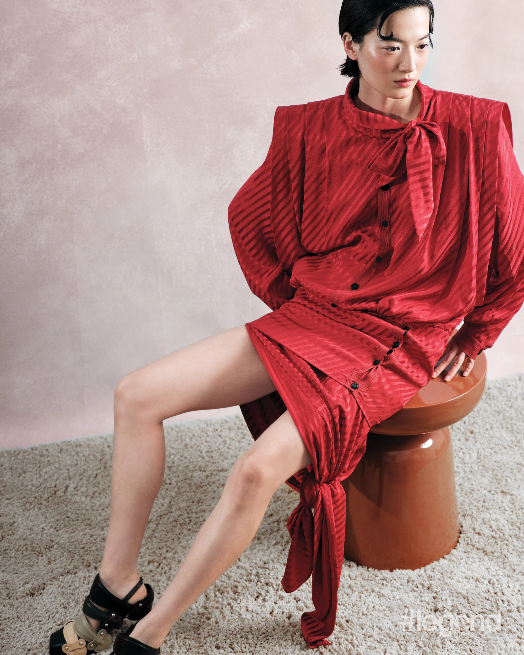 Red striped shirt and skirt, and multicolour strappy heels _ Louis Vuitton