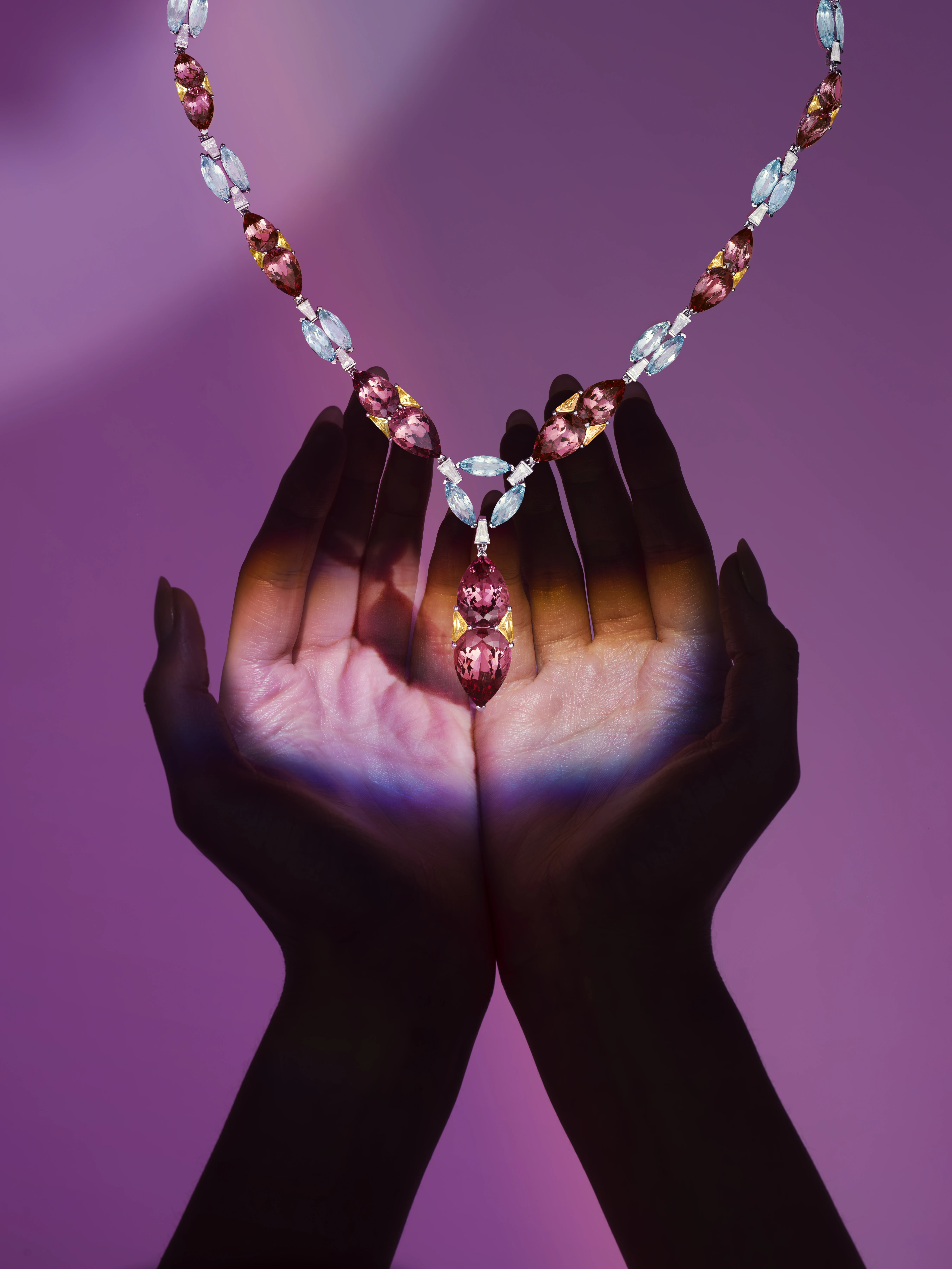 L to R: 'Lirya' Multi Colour Gemstone Ring; 'Lirya' Morganite, Aquamarine, Sapphire and Diamond Set