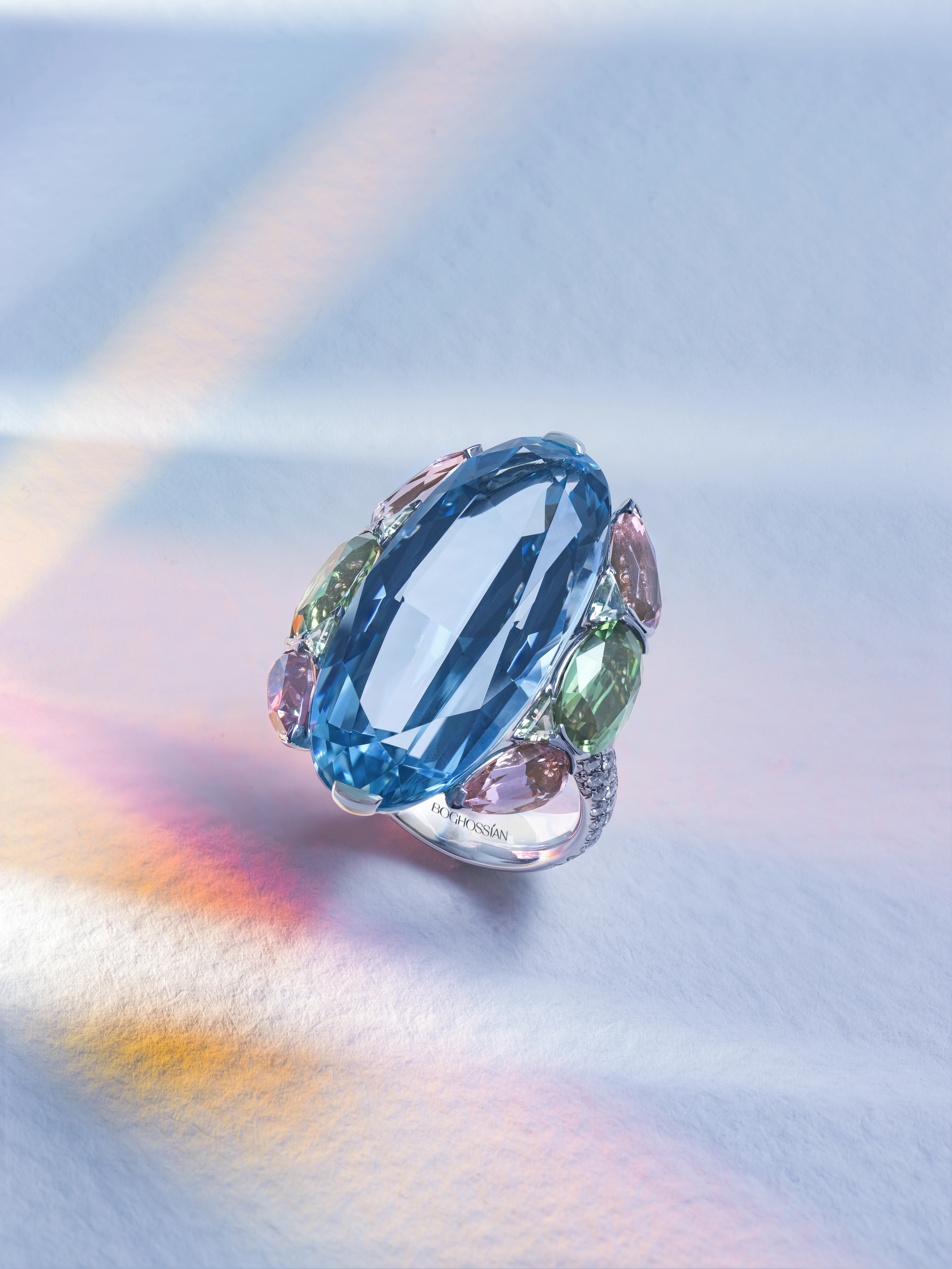 L to R: 'Lirya' Multi Colour Gemstone Ring; 'Lirya' Morganite, Aquamarine, Sapphire and Diamond Set