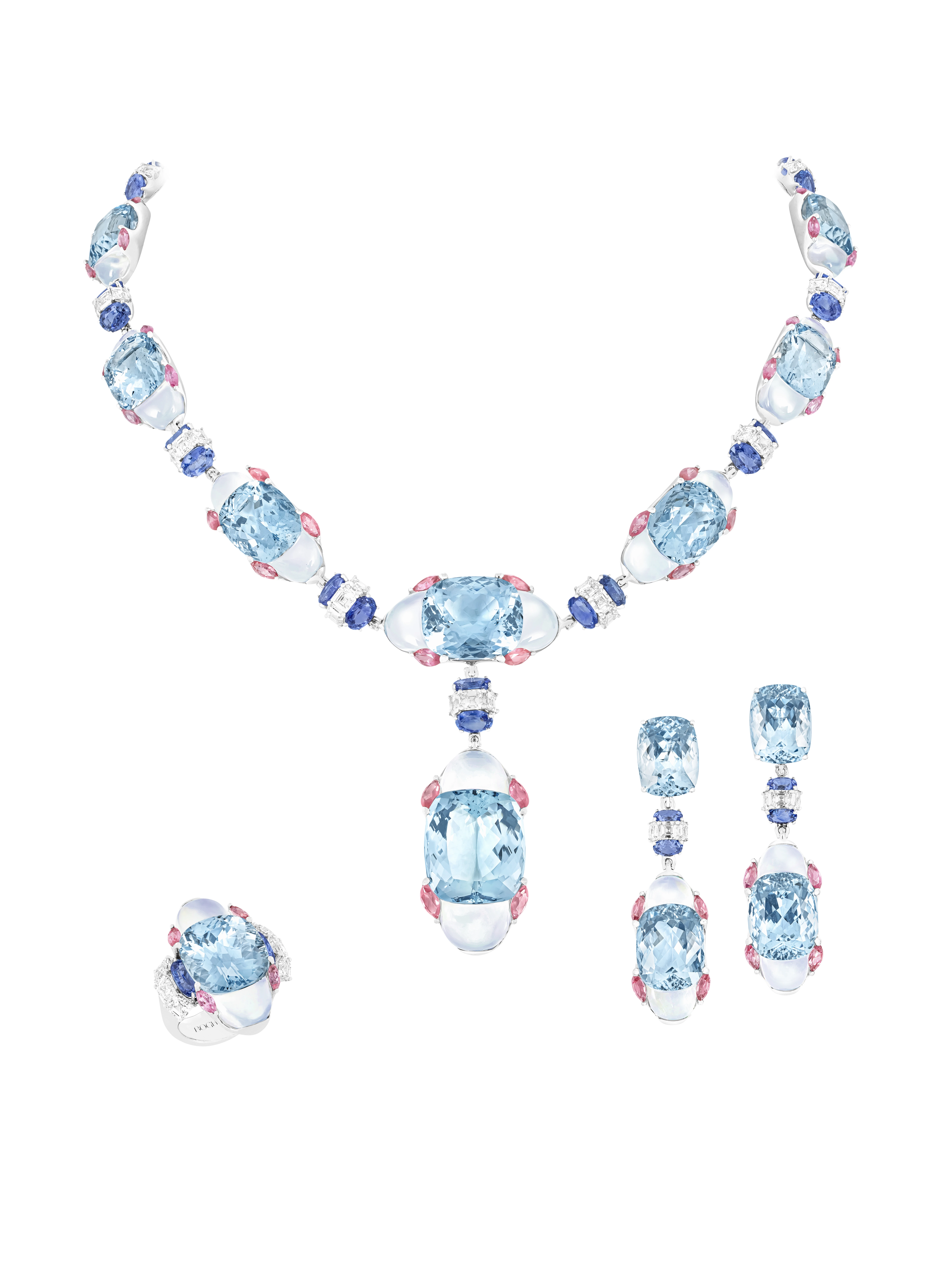 'Lirya' Aquamarine, Moonstone and Diamond Set