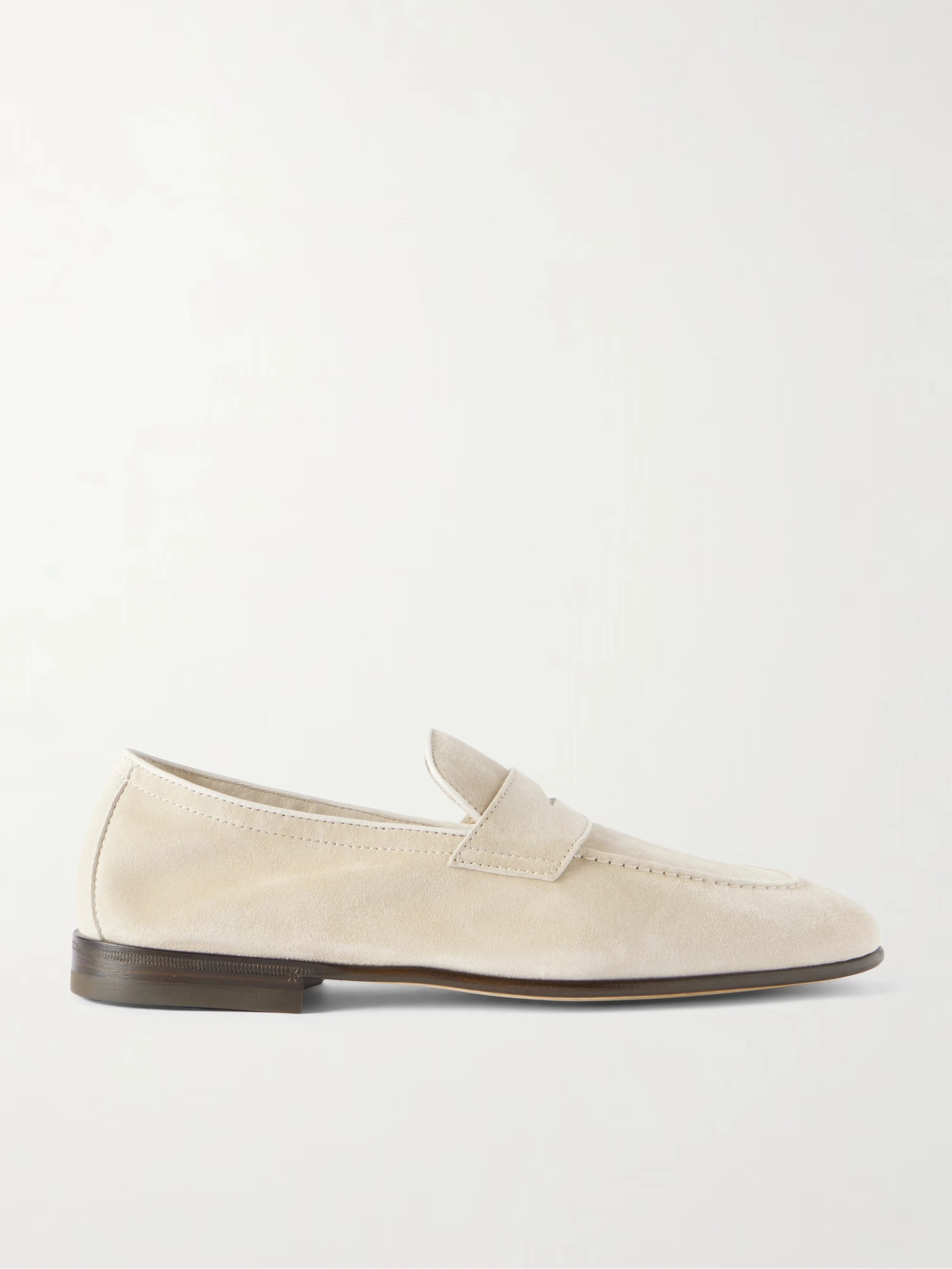 Beige linen and silk jacket _ Loro Piana; Off-white suede loafers _ Brunello Cucinelli; Printed shirt _ Bottega Veneta from Mr Porter; Brown linen shorts _ Zegna from Farfetch